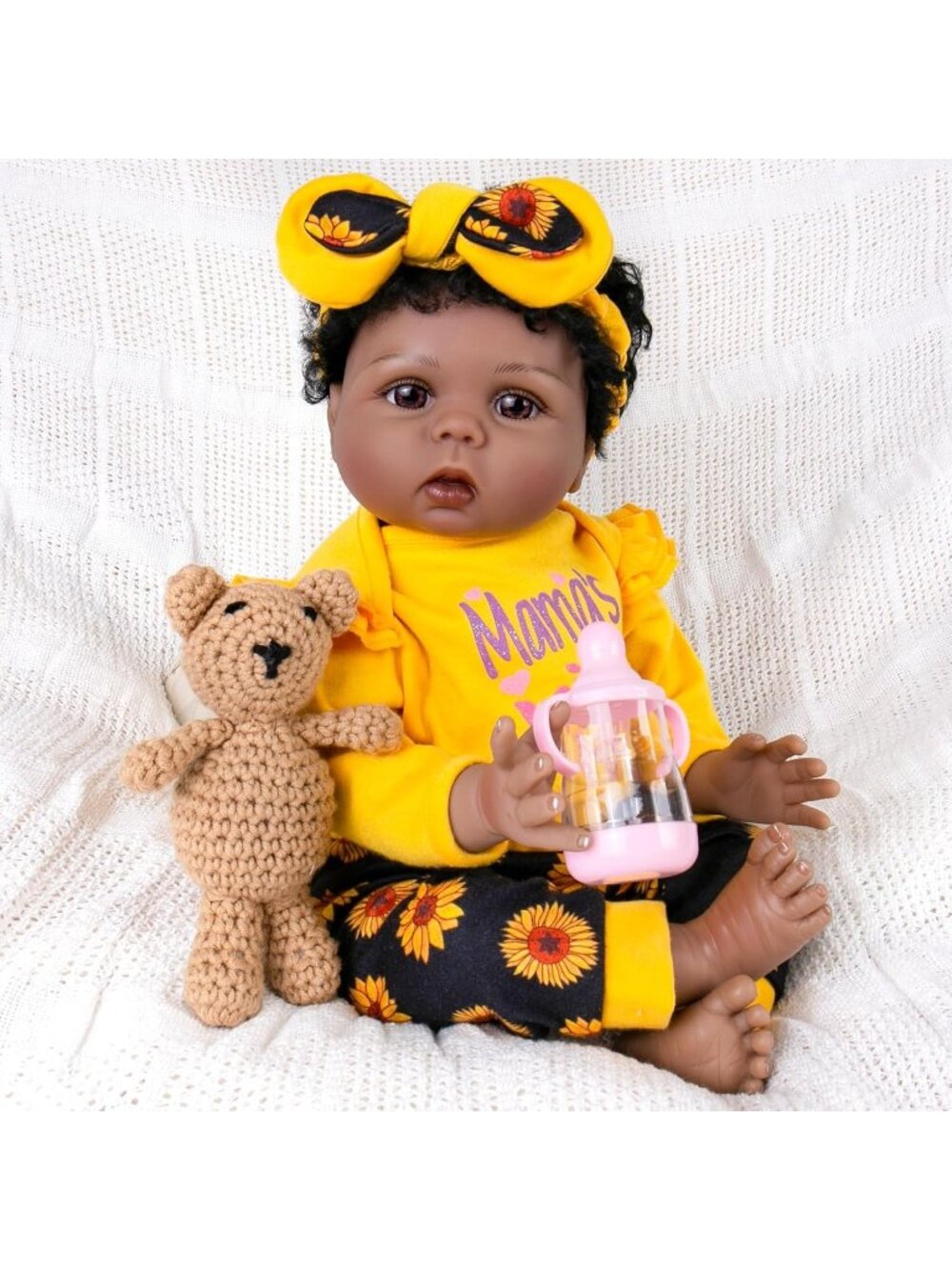22 inches Sun Flower Black Reborn Baby Dolls with Realistic Details for Kids 3+